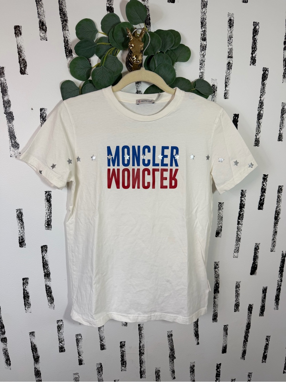 Moncler Manica Corta SS T-Shirt Red White Blue Stars Authentic Kids 14/ Wom XS
